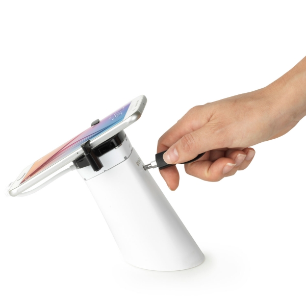 Khóa chặt điện thoại trưng bày trên chân đế HS150