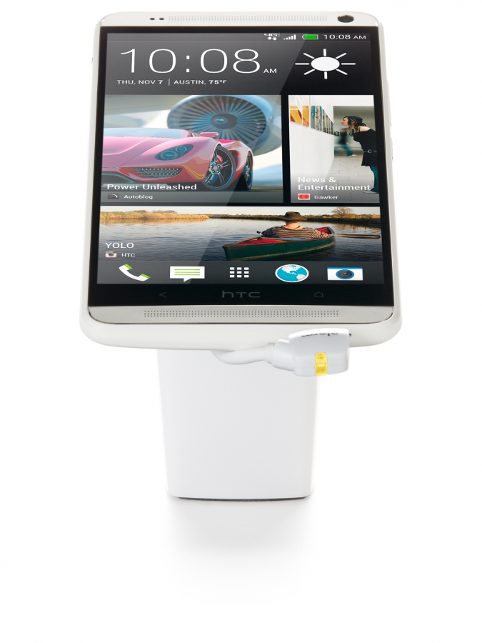 Thiết bị bảo vệ điện thoại HTC trưng bày, loại chân đế cao, không có ngàm bảo vệ